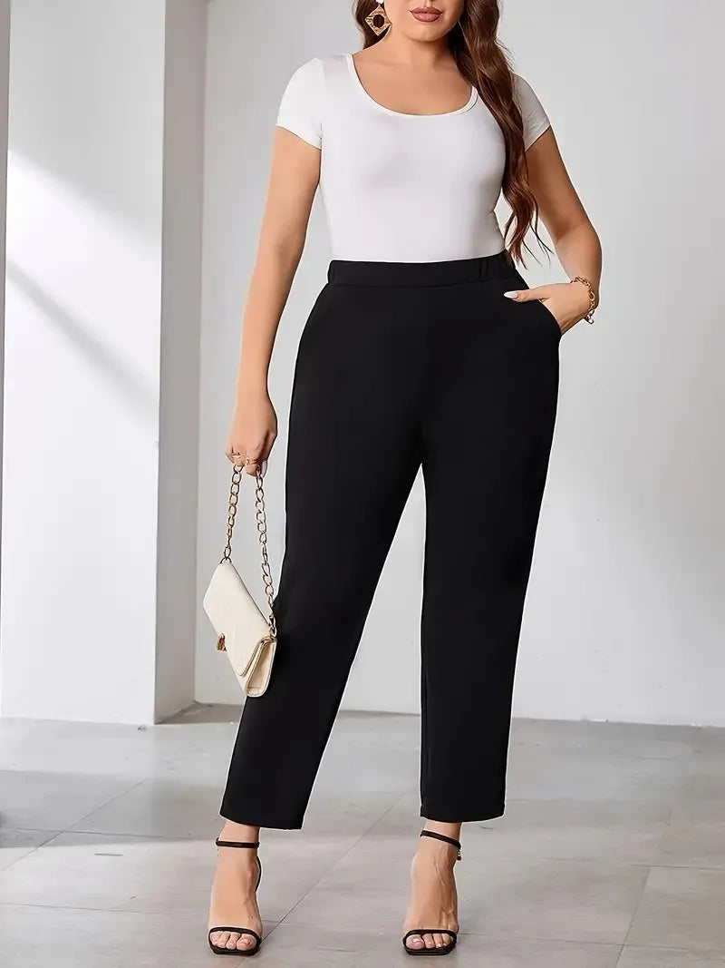 Plus Size Black Elastic Waist Office Trousers with Pockets