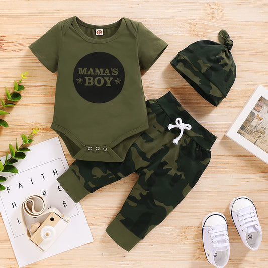 3PCS- Boy  Short Sleeve outfit Set - Body suit + Camouflage Pants + Hat  -Boy's 0-18 Months