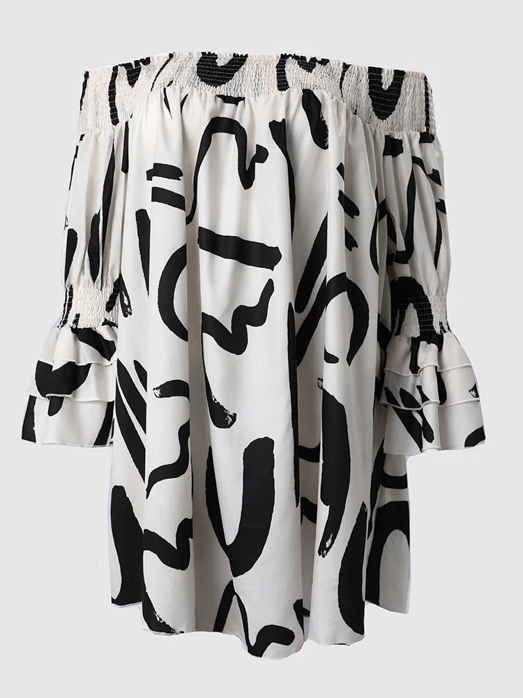 Plus Size Off Shoulder Dress- Abstract Print