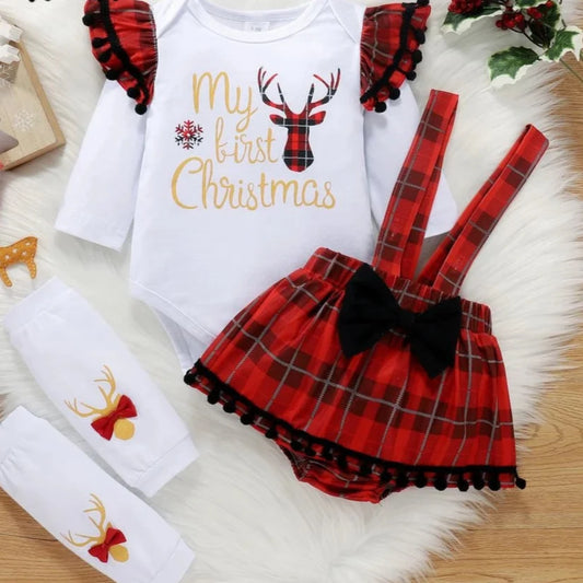 Baby Girl holiday Tassel Sleeve Romper and Plaid Bodysuit