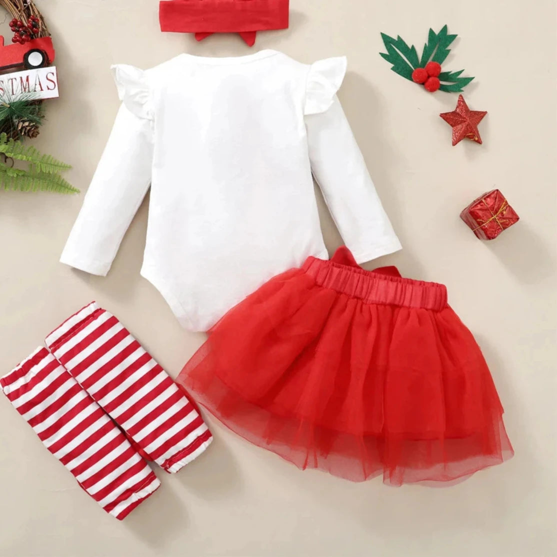 Baby Girl holiday Tassel Sleeve Romper and Plaid Bodysuit