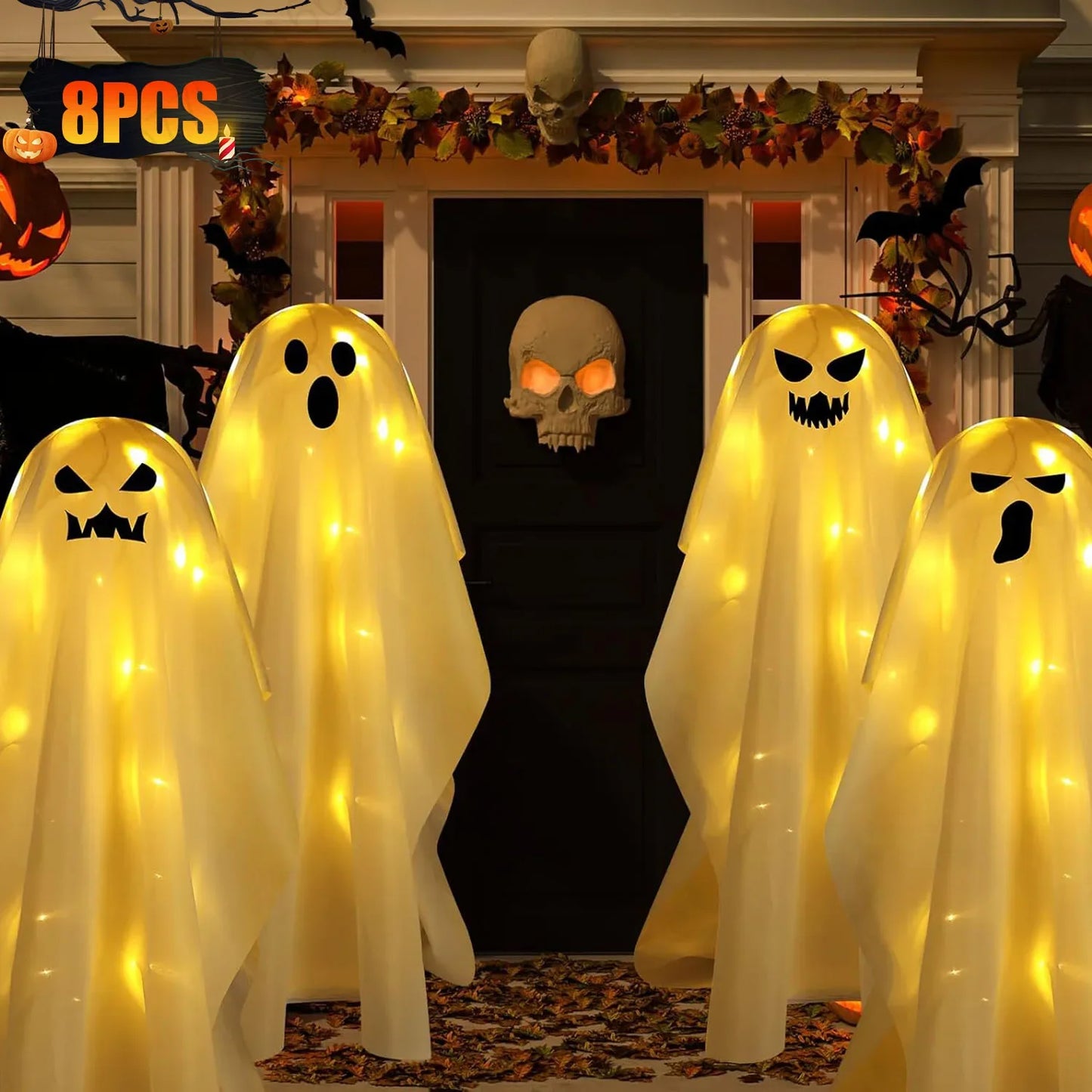 1-8PCS Halloween Hanging Ghost Led Decorations