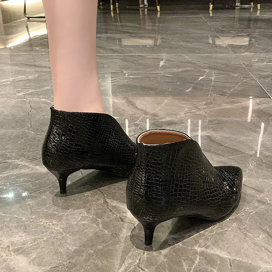 Women's High Heels Ankle Boots - V-necked Snake Patterned