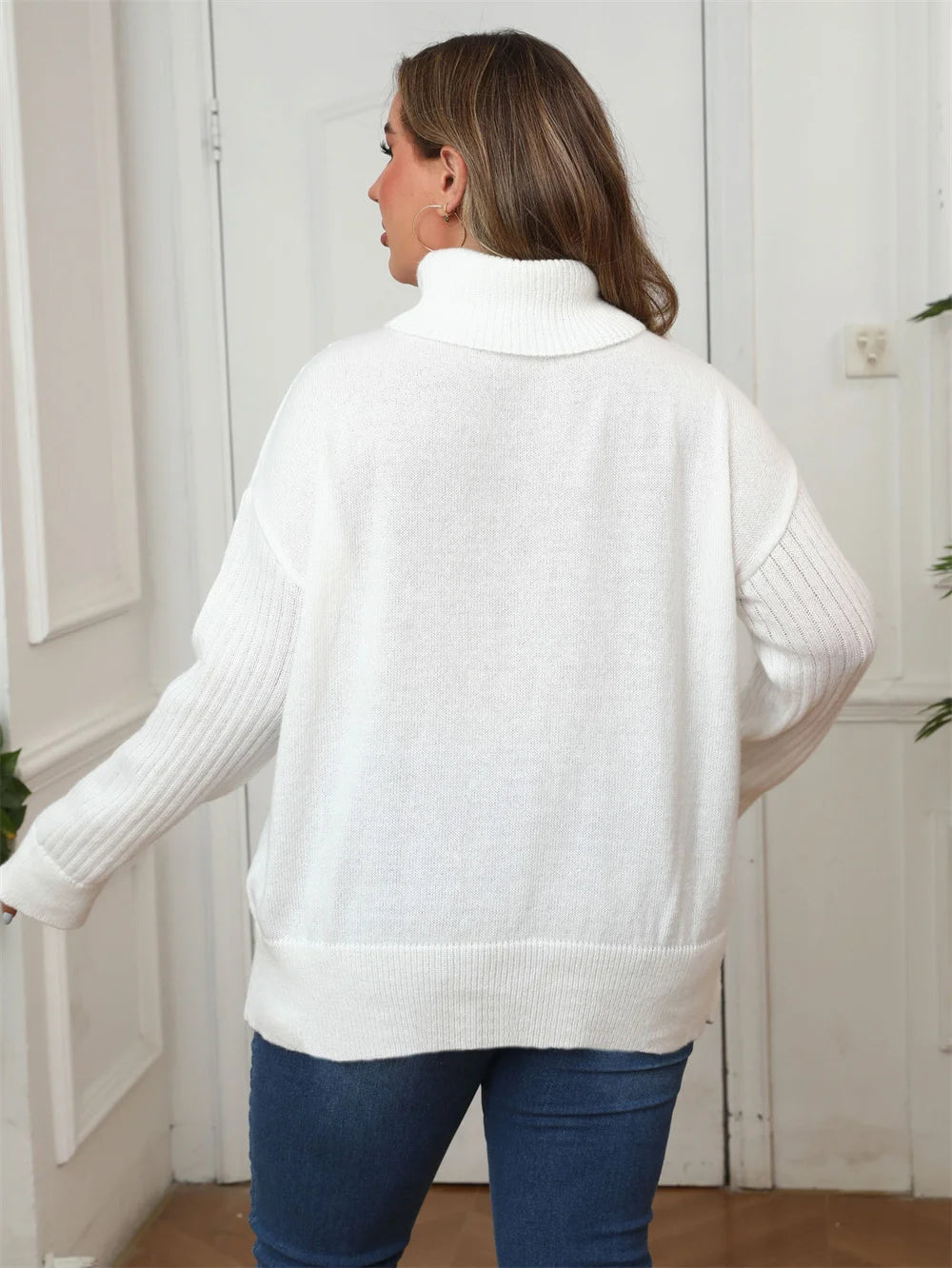 Plus Size Women's Knitted Turtleneck Sweater with Drop Shoulder Button - Casual Pullover