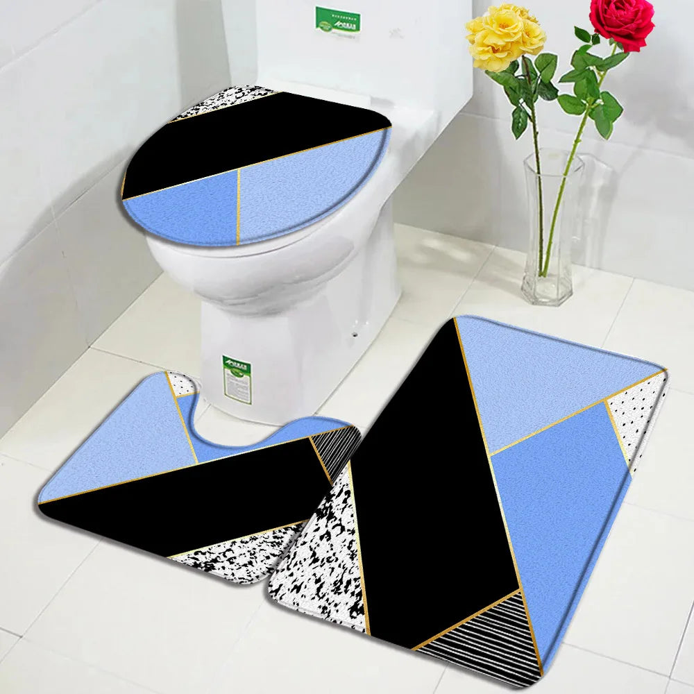 3Pcs non slip Bath Mats Set -Geometric Black Pink Marble Design Floor mats + Toilet Cover Mat