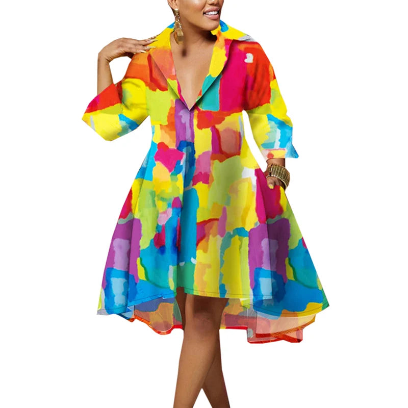 Plus Size Flowy Shirt Dress- All over melting colors print