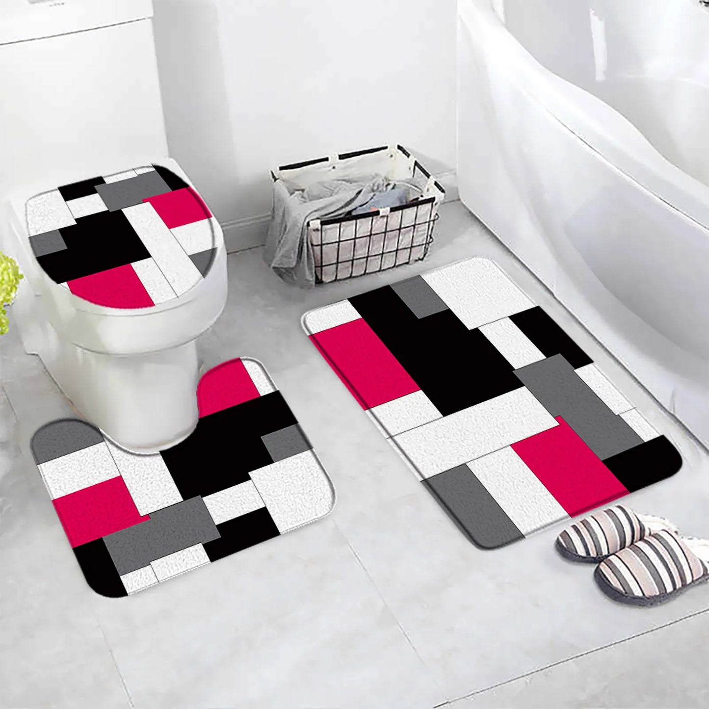 3pcs non slip Bath Mats Set -Splicing Pattern Floor Rugs + Toilet lid cover