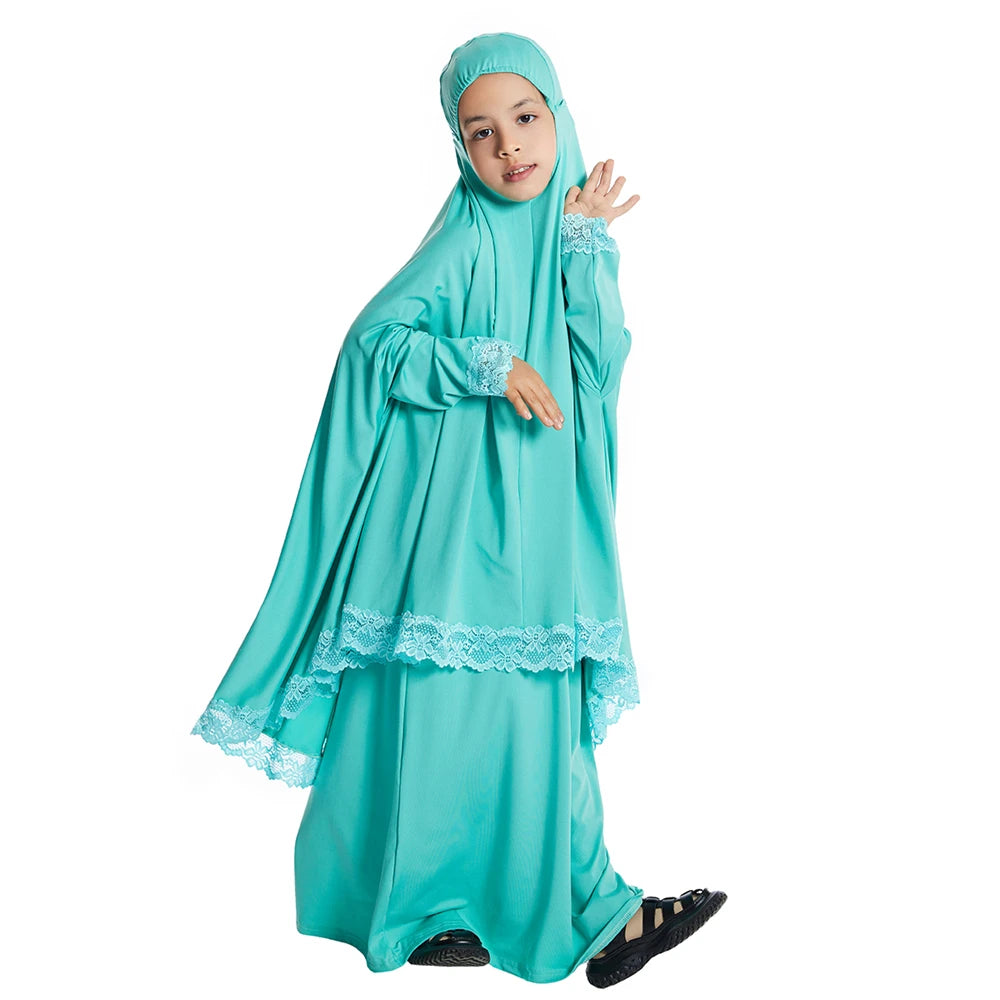 2Pcs Traditional Muslim Kids Girls Hooded Overhead Hijab Burqa Gown