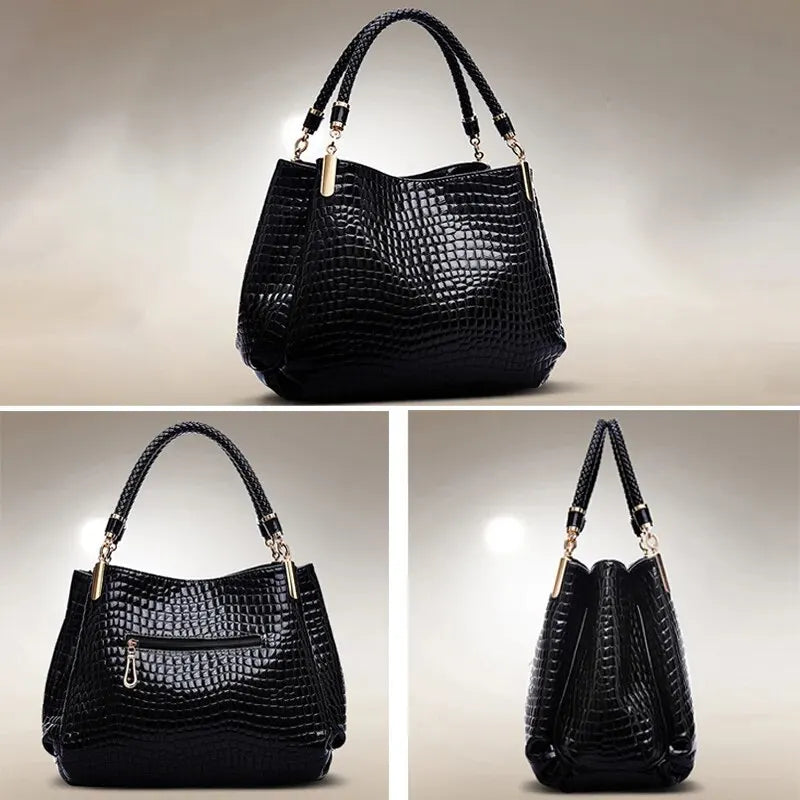 Women's Large Capacity Black Shoulder Bag with Crocodile Print