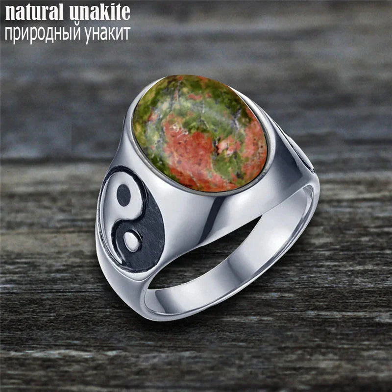 Oval Stainless Steel Yin And Yang Ring with Natural Stone