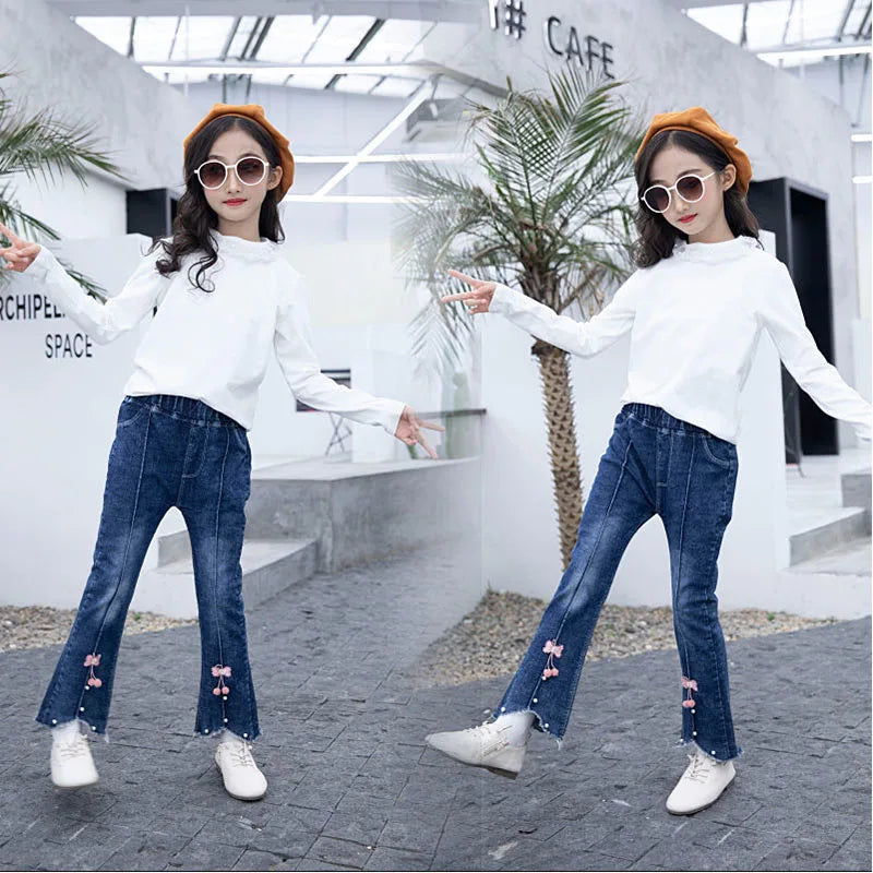 Girls Elastic Flare Bottom Blue Jeans