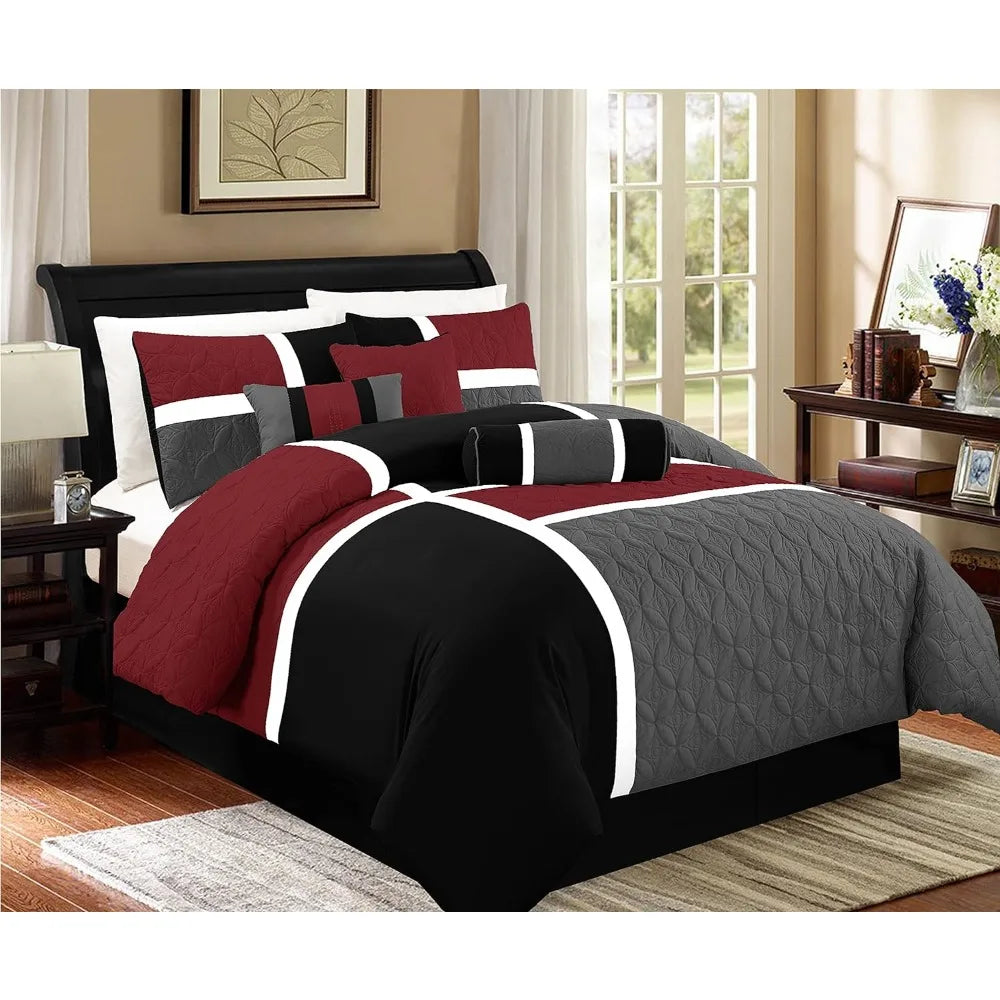 7 Piece Bed in A Bag Comforter Set, King - Red/Gray