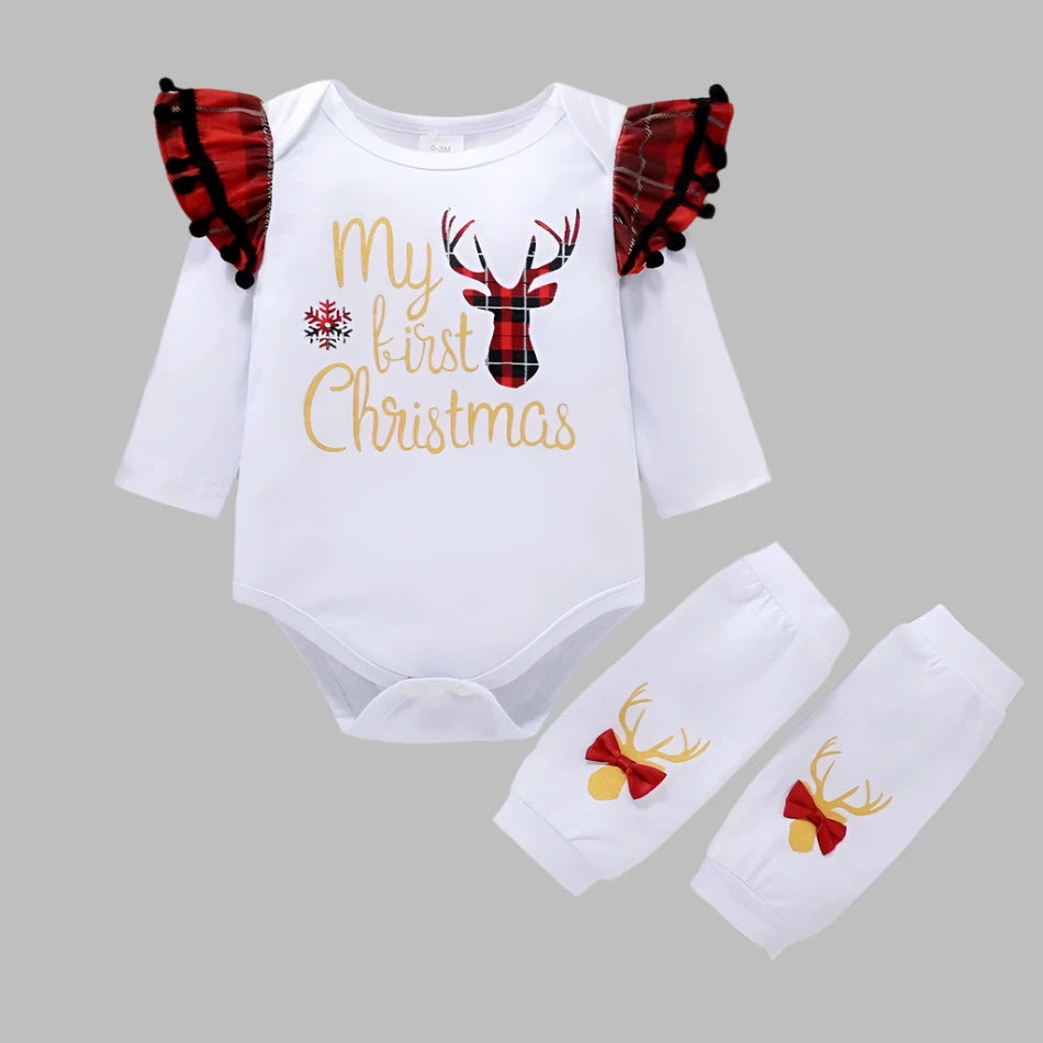 Baby Girl holiday Tassel Sleeve Romper and Plaid Bodysuit