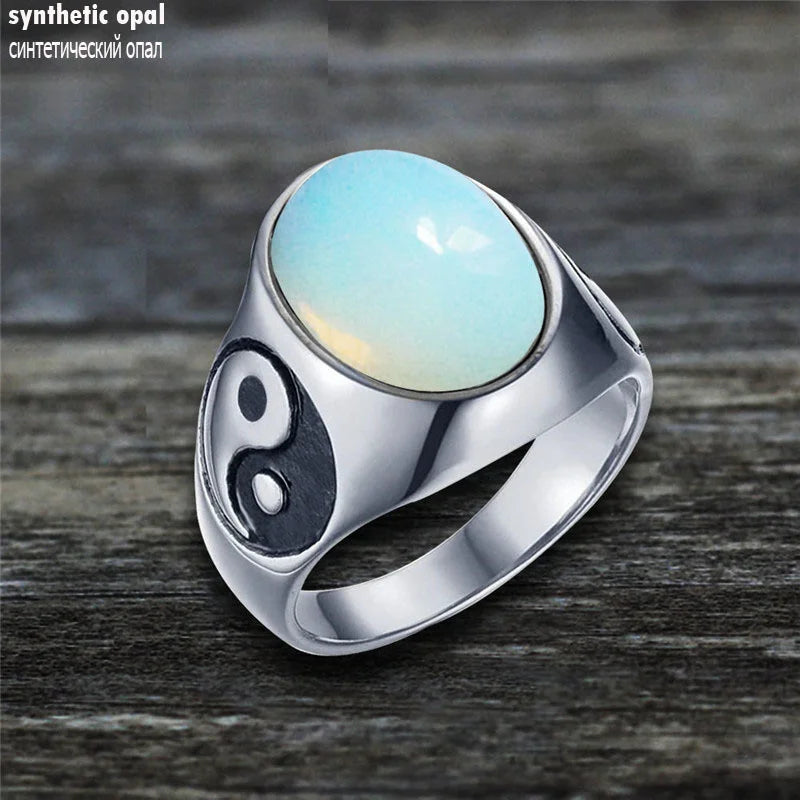 Oval Stainless Steel Yin And Yang Ring with Natural Stone