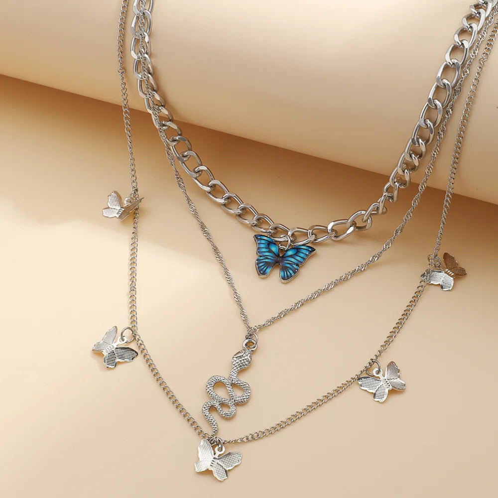 3 Layers Chain Necklace with butterfly Pendant