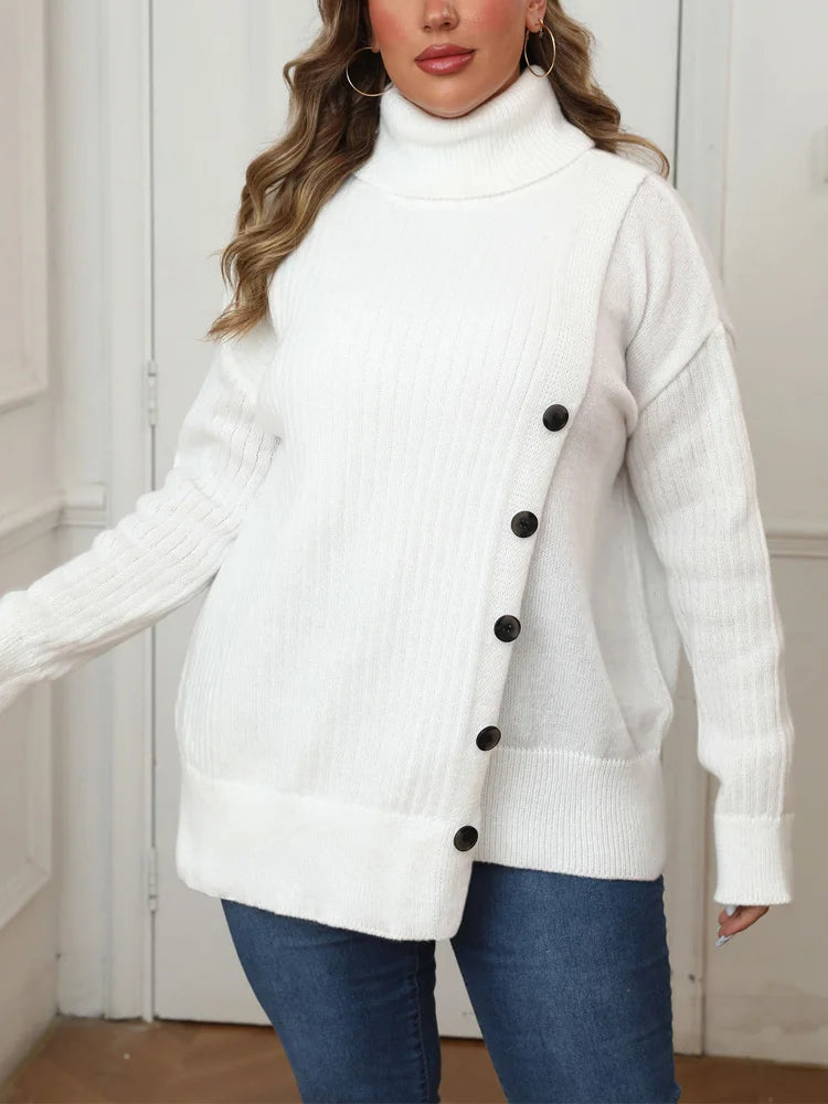 Plus Size Women's Knitted Turtleneck Sweater with Drop Shoulder Button - Casual Pullover