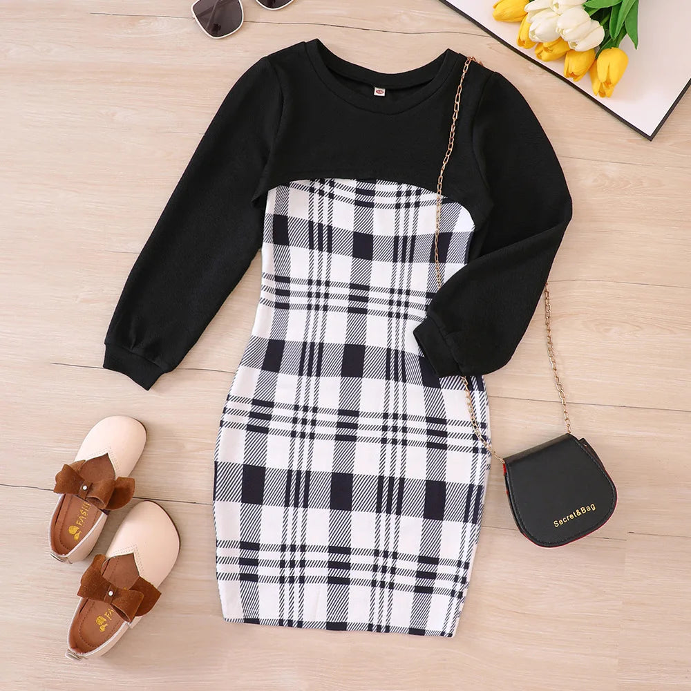 Girls Long Sleeve Short Tops Plaid Cami  Dress -5-14Y