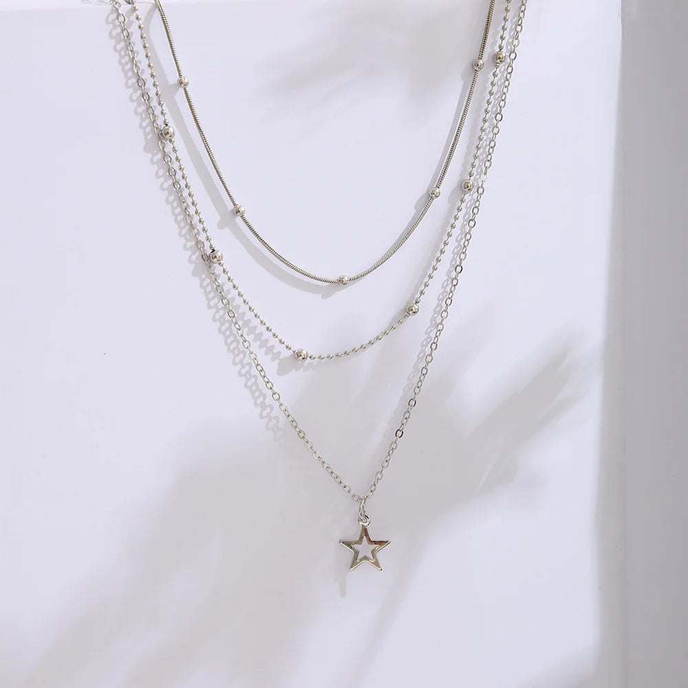 Multilayered Star Bohemian Chain  Necklace w/ star Pendant