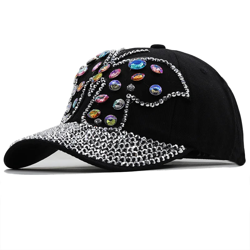 Women's Denim Rhinestone Butterfly base ball cap with full Crystal  Rhinestone Bill