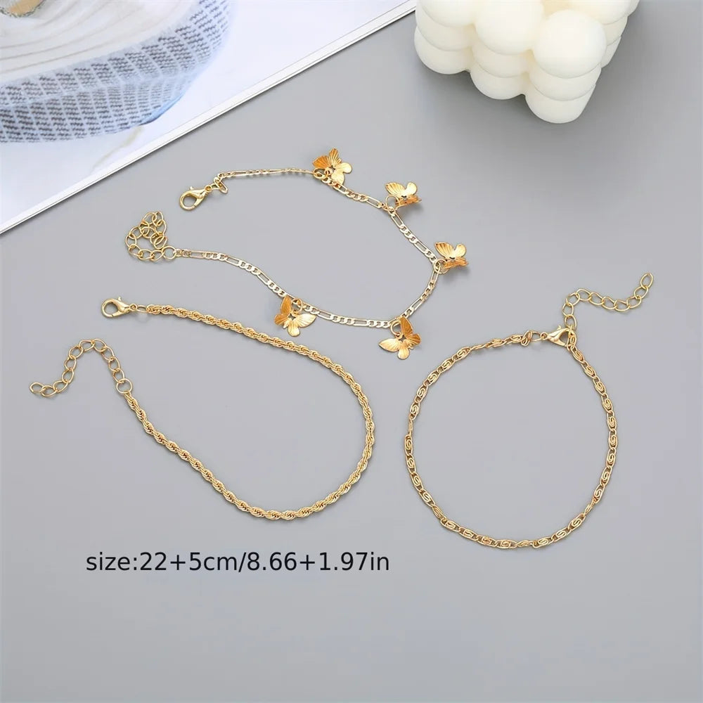 1-3pc set- Simple Metal Chain Anklet  with Butterfly Pendant