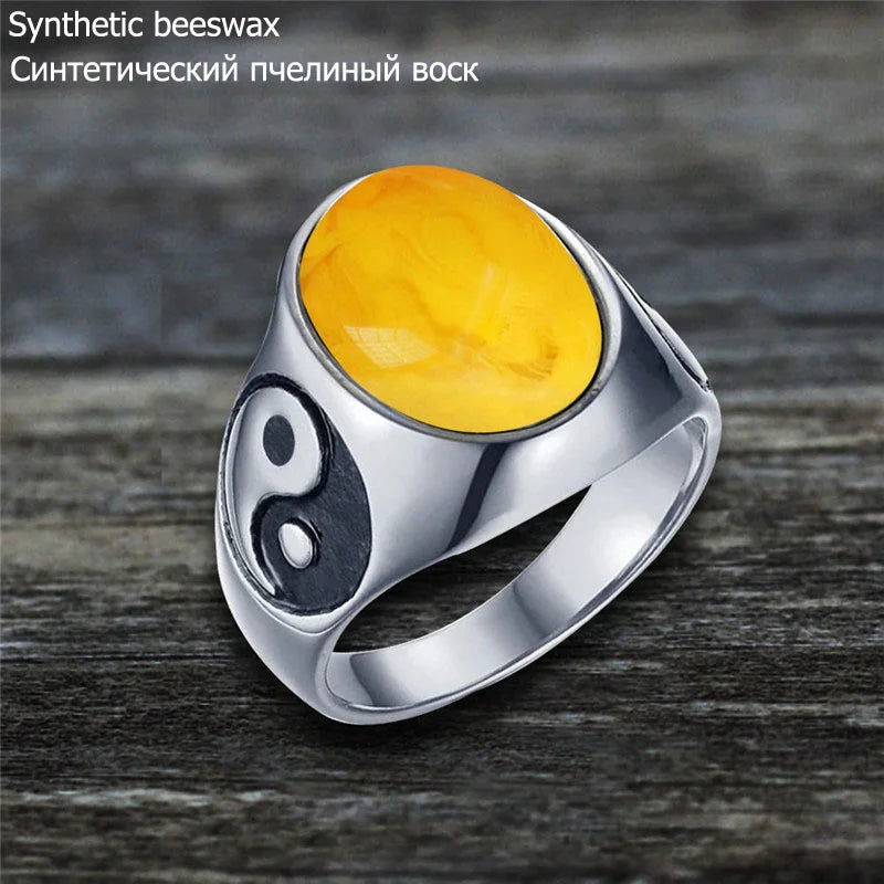 Oval Stainless Steel Yin And Yang Ring with Natural Stone