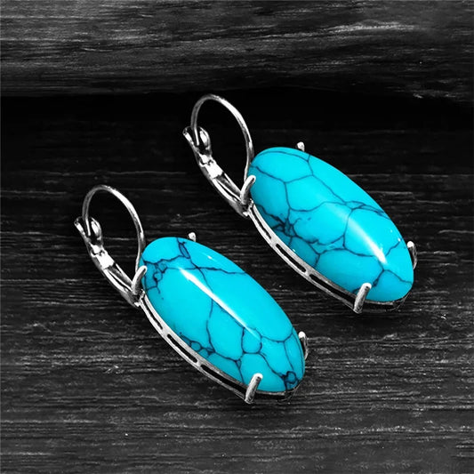 Big Vintage Silver Plated Eye Shape Synthetic Turquoises Earrings