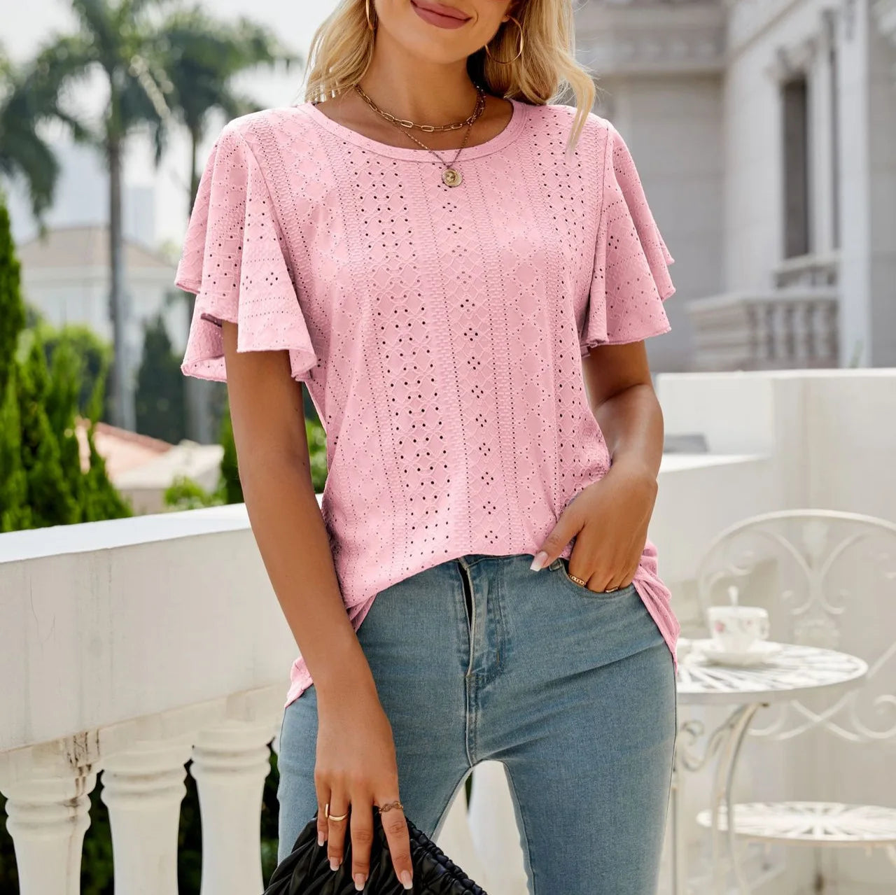 Hollow Round Neck T-Shirt with Ruffle Edge