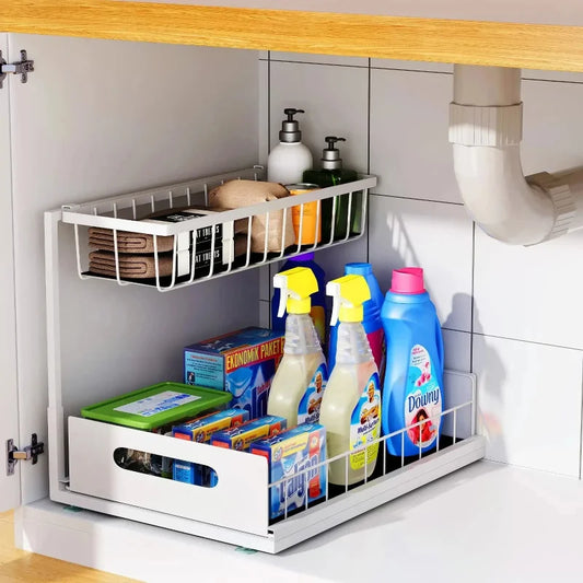 Under Sink 2 Tier Sliding Cabinet Basket with Pull Out Cabinet Multi-Purpose