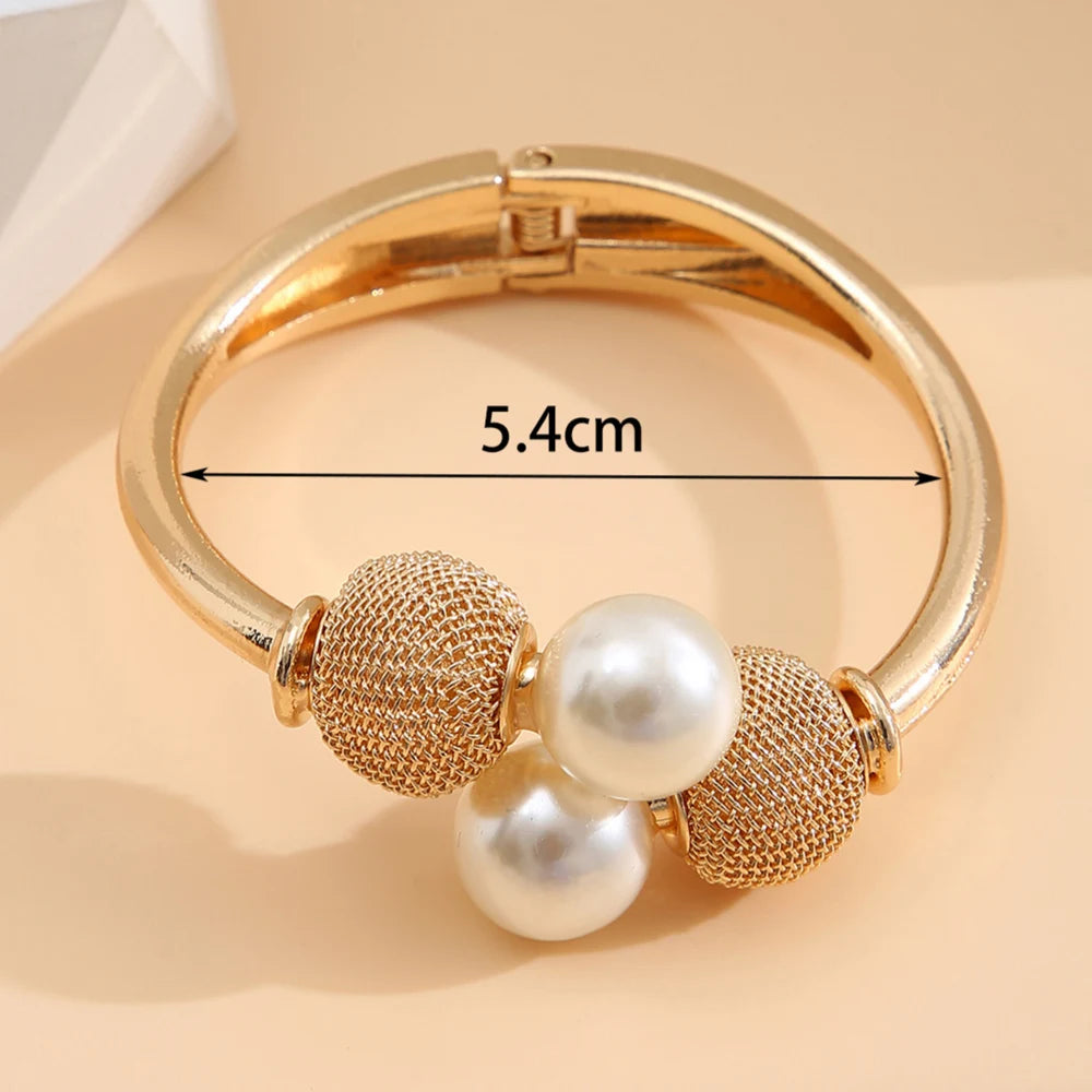 Open Cuff Pearl Ball Bracelet -Gold