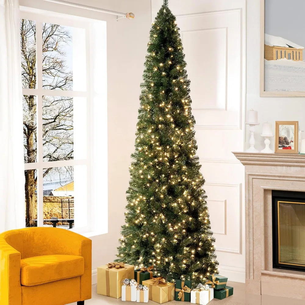 Wide Realistic Artificial Skinny Pencil Christmas Tree - 1102 Branch Tips, 350 Warm Lights and Metal Stand - 4.5 ft, 7.5 ft