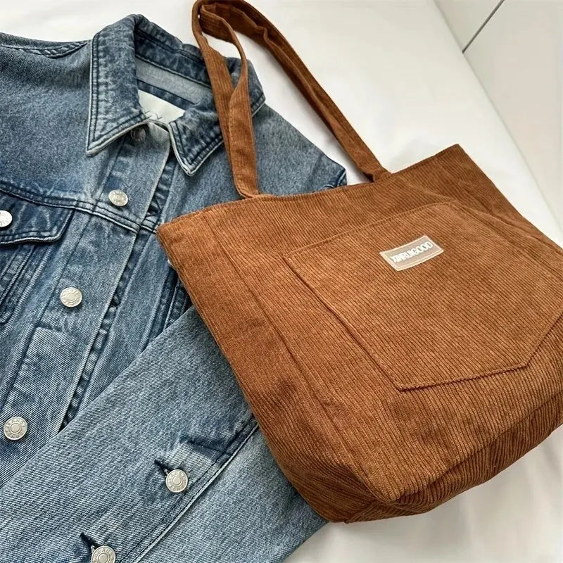 Large Capacity Tote Bag With Front Pocket -Trendy Corduroy  Pocket Solid Color