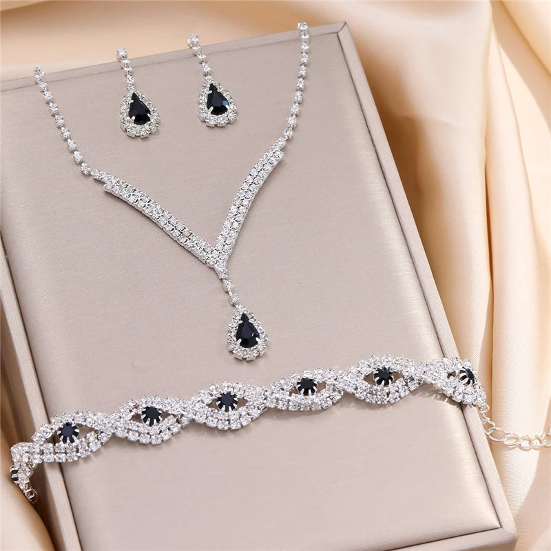 3 Pc- Rhinestone Bride Jewelry Set- Black Water Drop Crystal Earrings + V Necklace + Bracelet