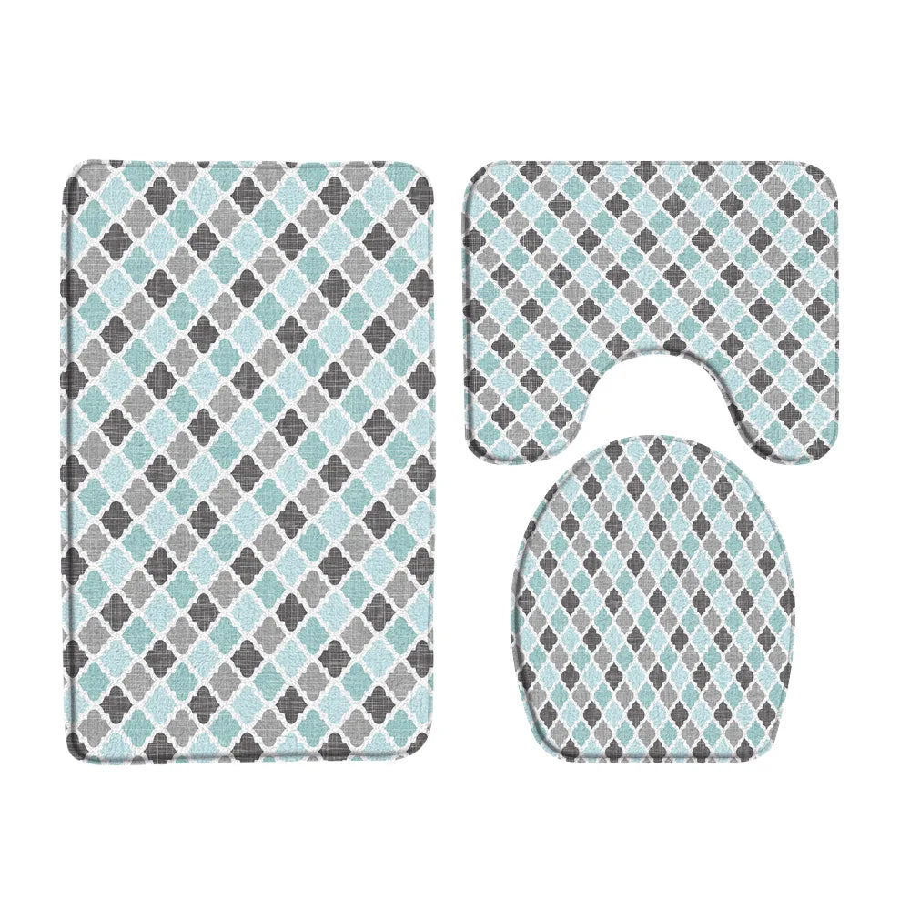 3pc non slip Bathroom Bath Mat Set Creative Geometric boho Design Floor rugs + Toilet Cover