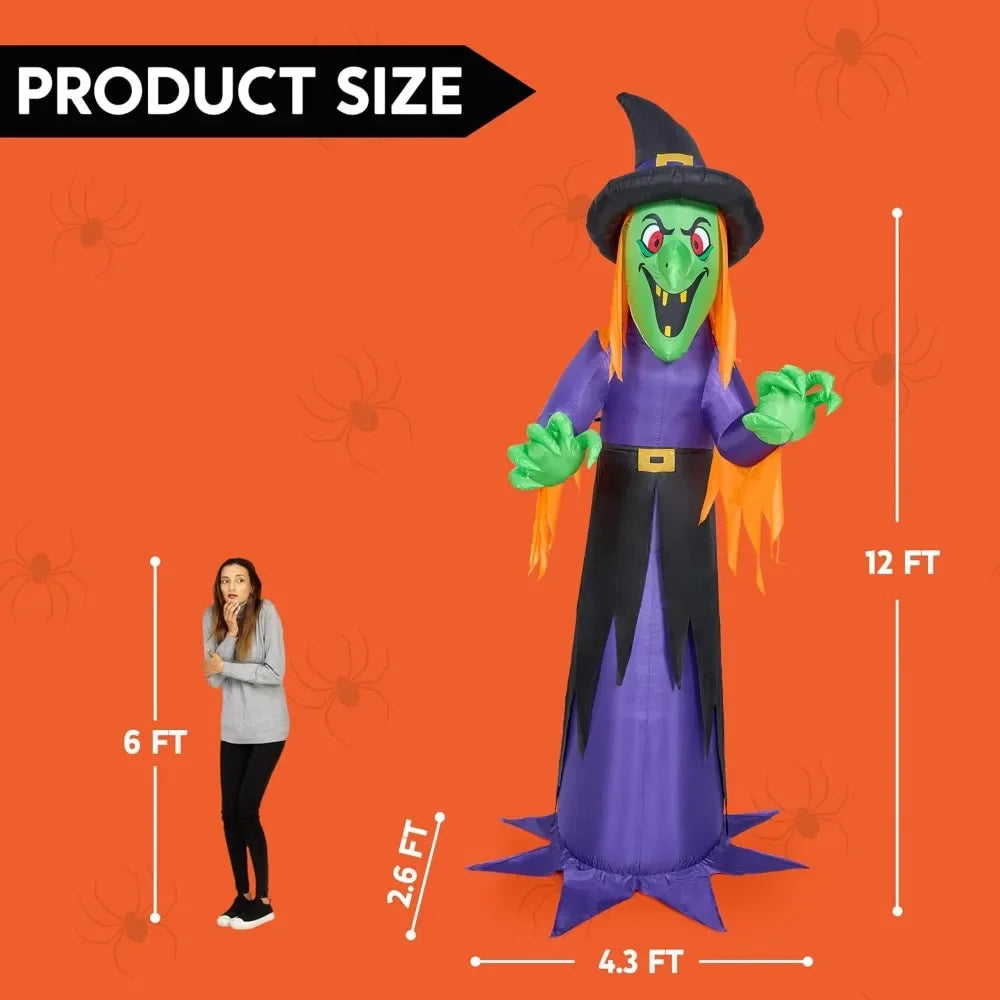 12 FT Giant Inflatable Witch with Built-in LED Lights-Outdoor Halloween Decoration