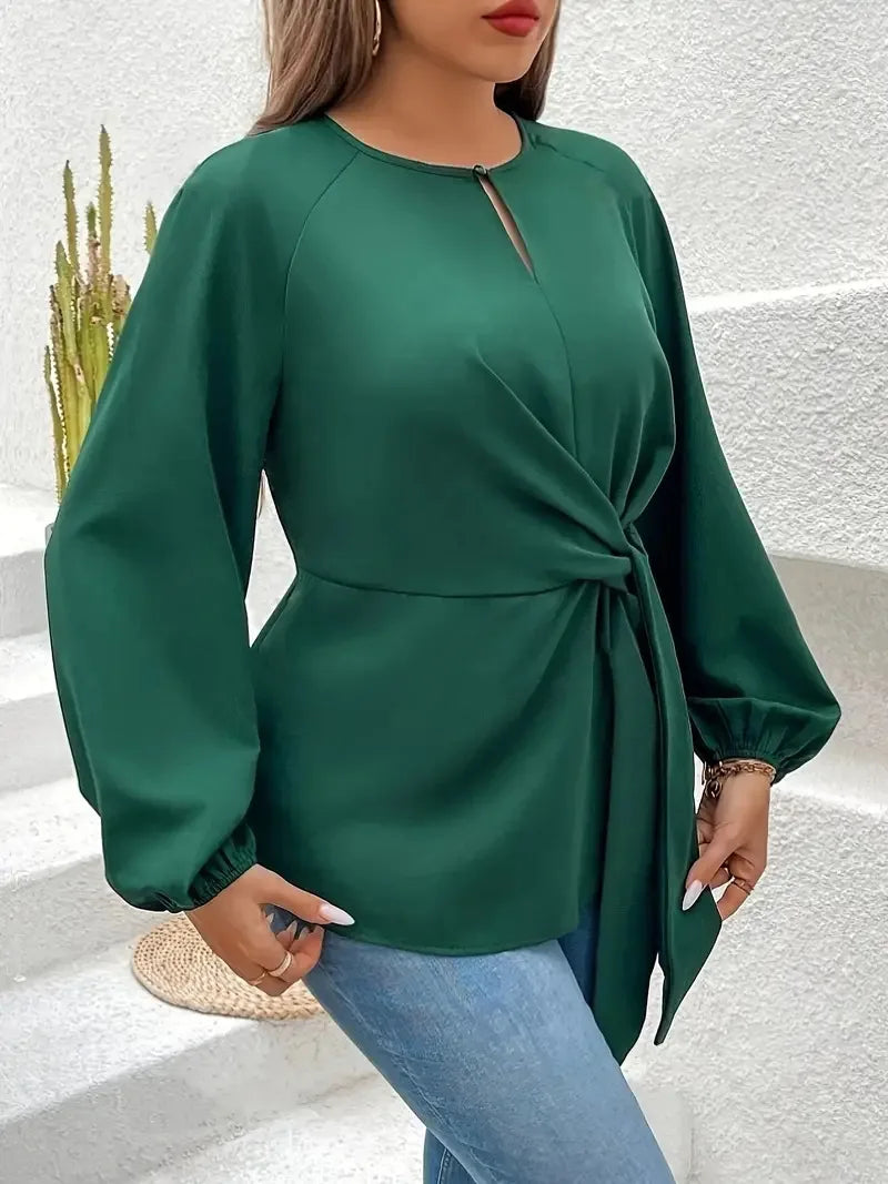 Plus Size long sleeve O-Neck Keyhole Blouse with Tie Front