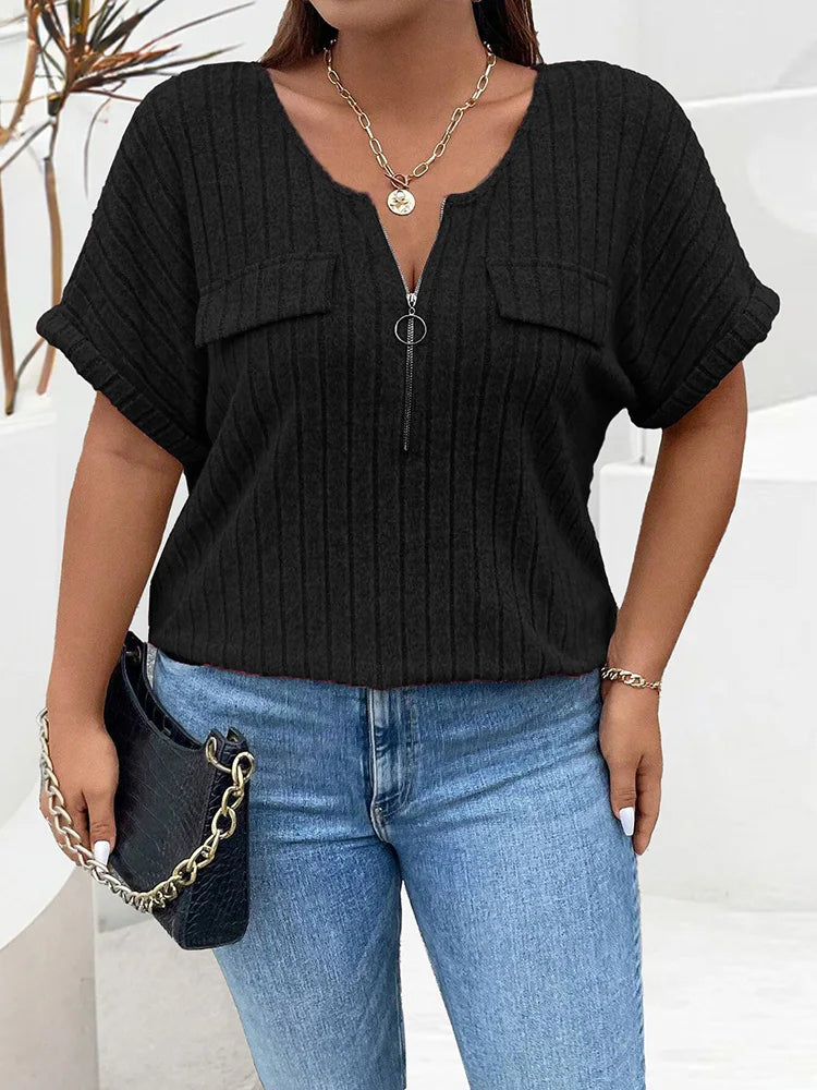 Plus Size Solid O-Ring Zip Front T Shirt