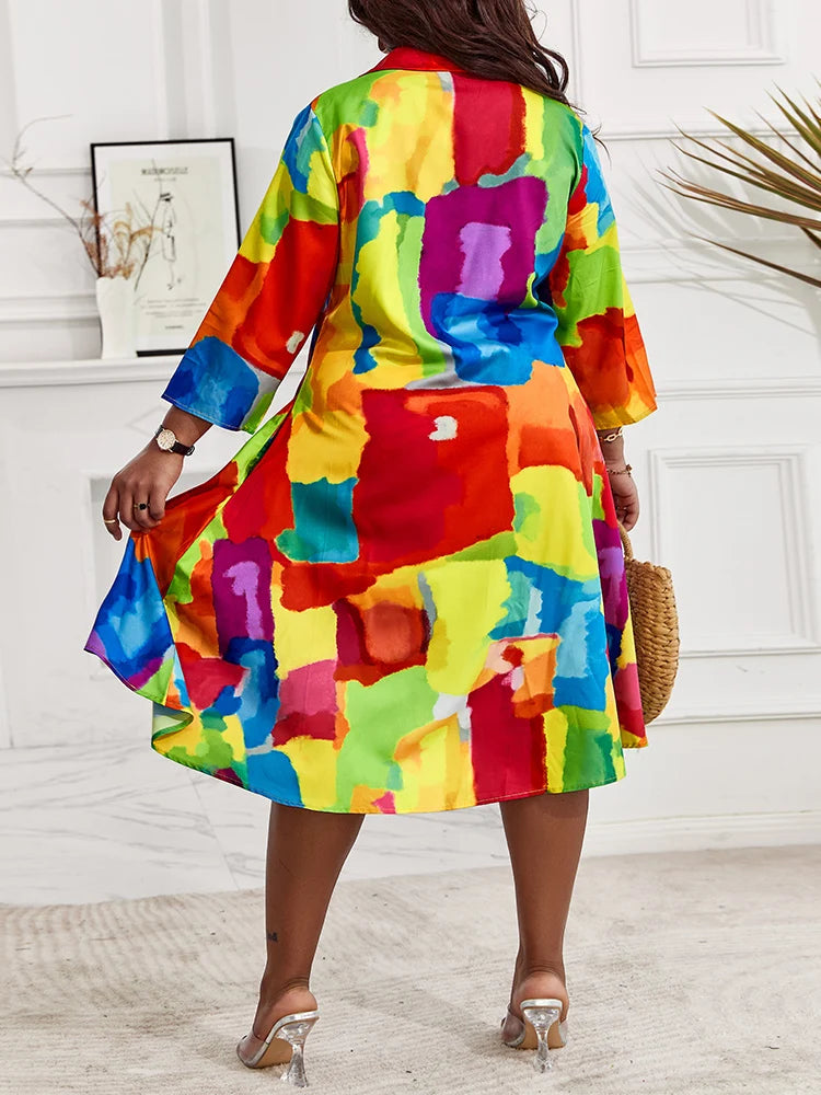 Plus Size Flowy Shirt Dress- All over melting colors print