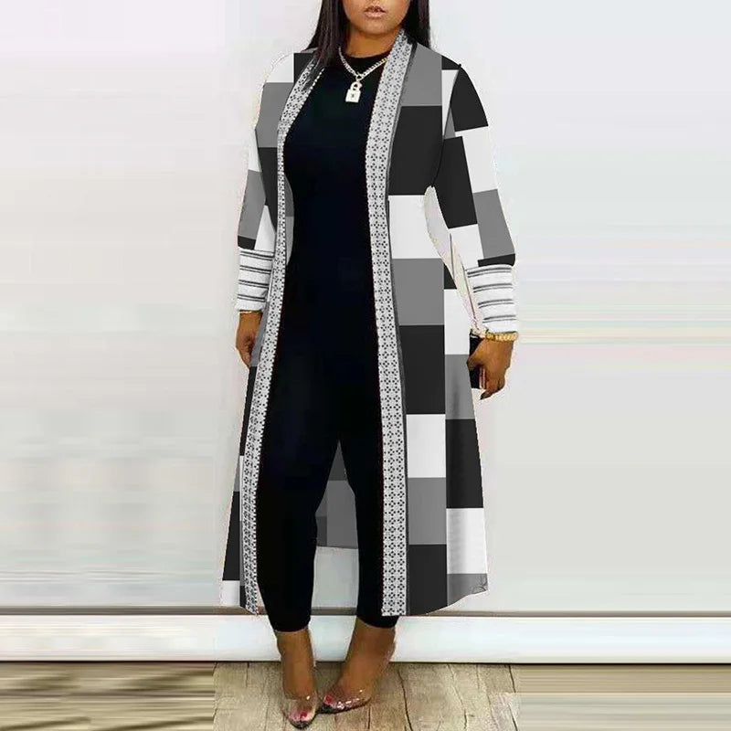 Plus Size Long Coat -Geometric Check Printing Design with Open Front