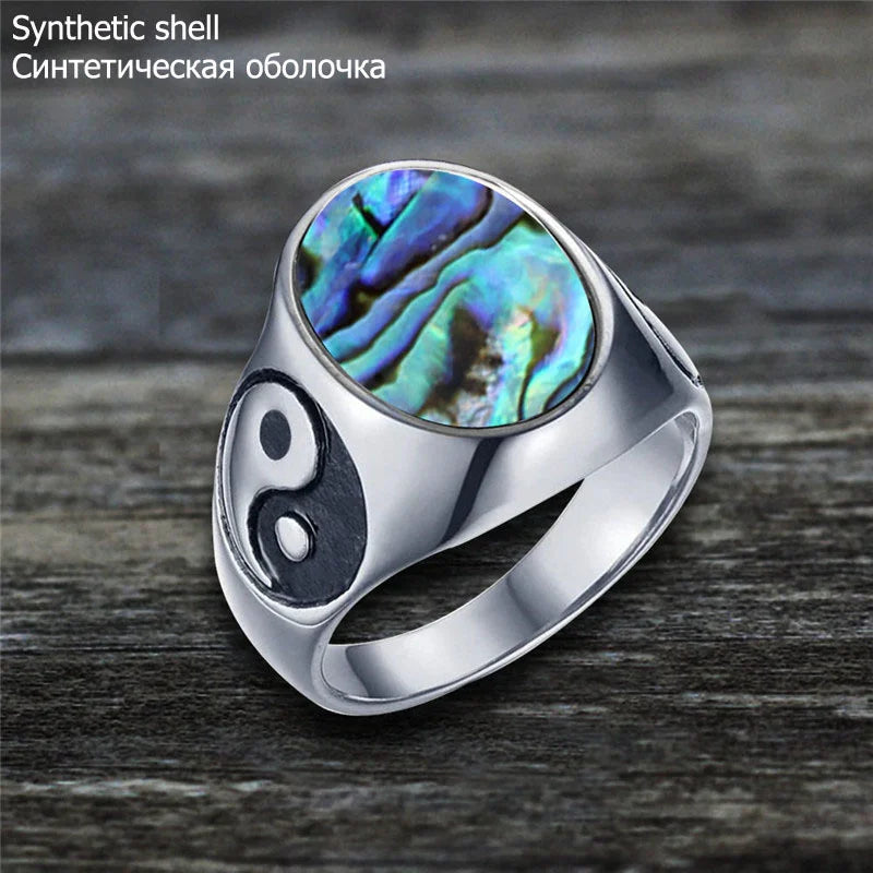 Oval Stainless Steel Yin And Yang Ring with Natural Stone