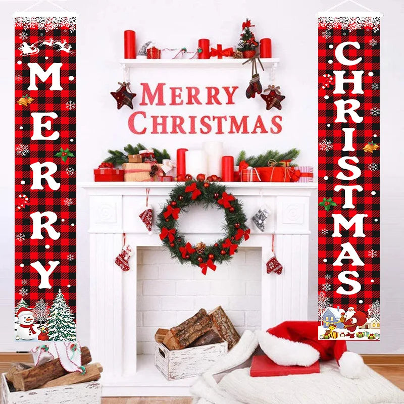 Merry Christmas Happy New Year Plaid Signs Digital Printing Porch Banner