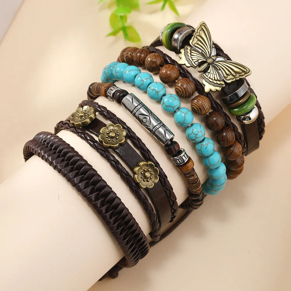 Men's 5-6pc/set Feather Evil Eye Ethnic wood bead tree Charms bracelets