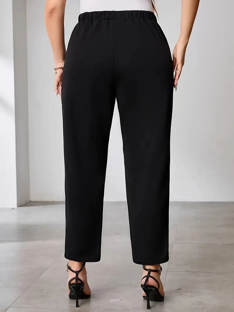 Plus Size Black Elastic Waist Office Trousers with Pockets