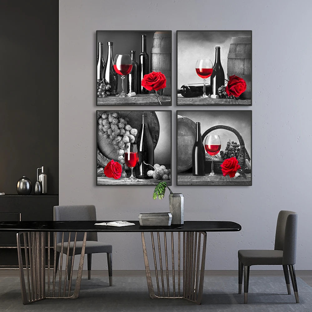 1 PC Kitchen Wall Art Decor -Red Wine Glass Rose Painting on Canvas- NO FRAME