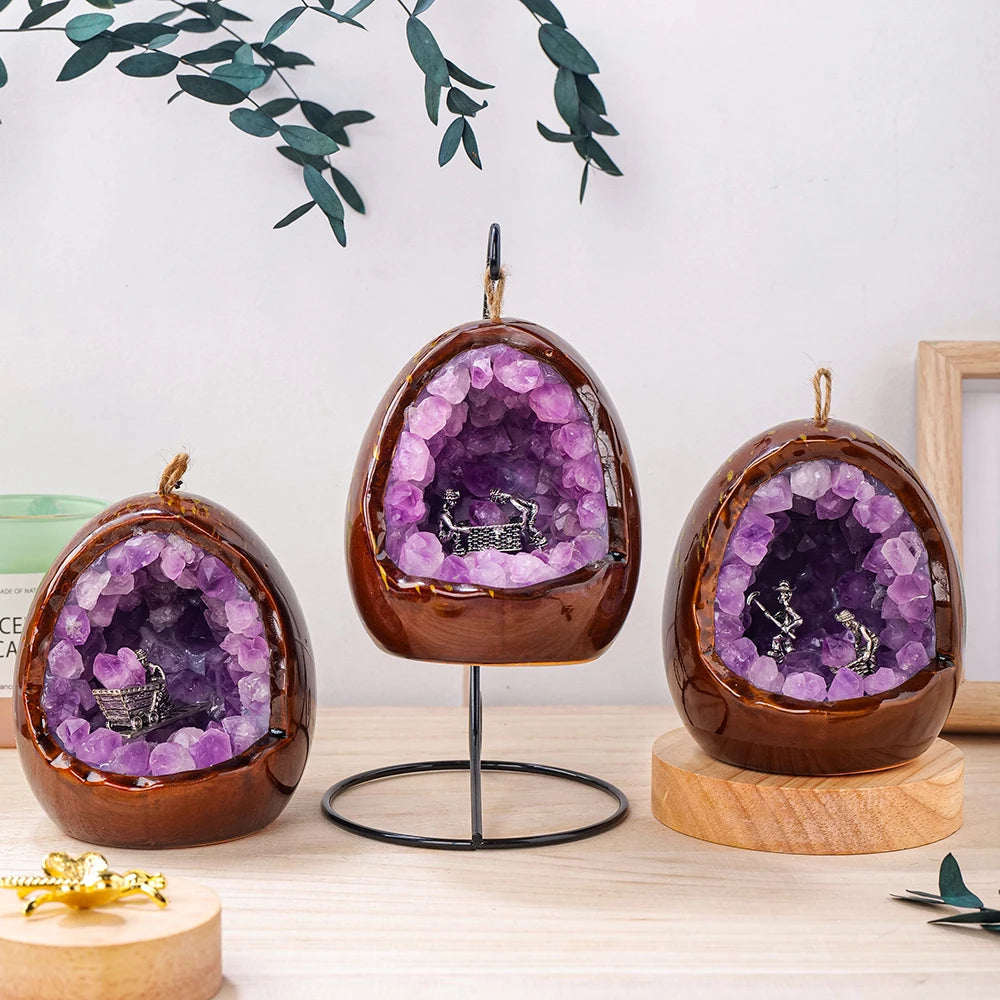 1PC Natural Crystal Amethyst Dinosaur Egg Shaped Geode Lamp