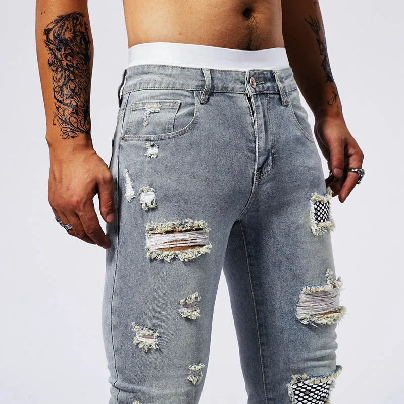 Men's Stretchy Distressed Denim Patchwork  Jeans