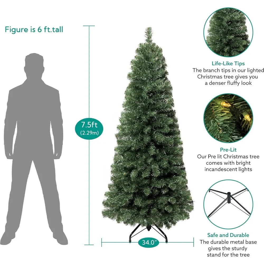 Wide Realistic Artificial Skinny Pencil Christmas Tree - 1102 Branch Tips, 350 Warm Lights and Metal Stand - 4.5 ft, 7.5 ft