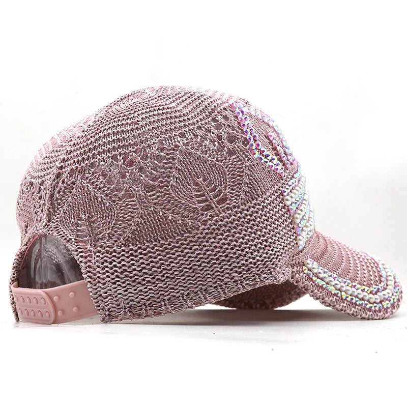 Women's Rhinestone Knitting Mesh Baseball cap with Crystal Bling  Decoration