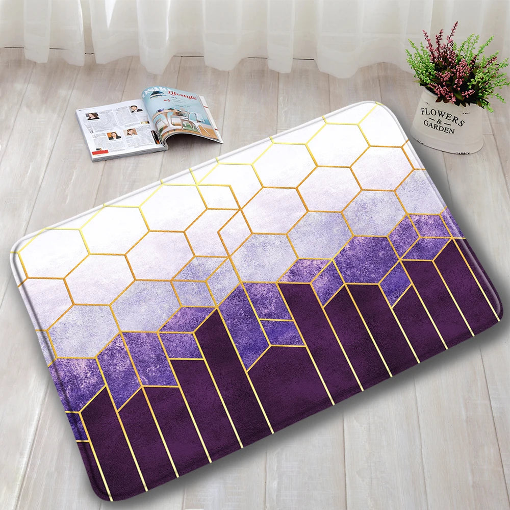 1-3pc Sets- Non-Slip Rugs + Toilet Lid Cover- Gold Line Cube Abstract Blue Marble design