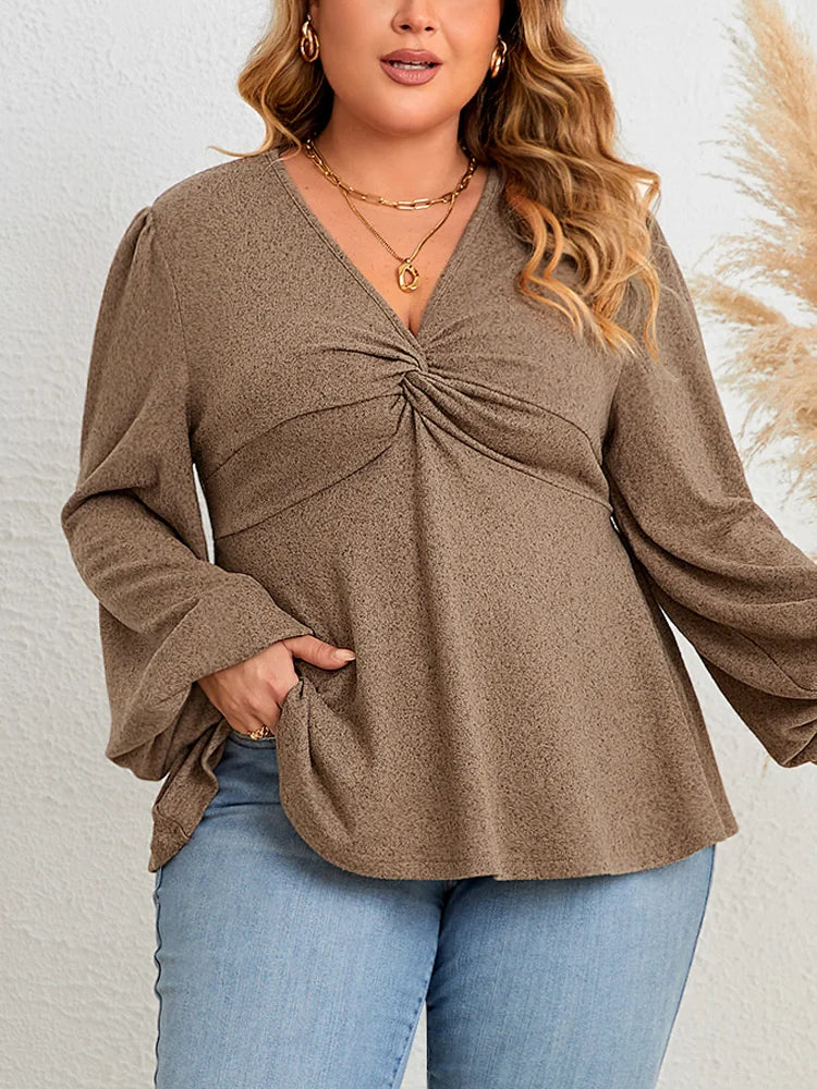 Plus Size Casual V Neck Twist Front Peplum Tunic Blouse with Full Lantern Sleeve