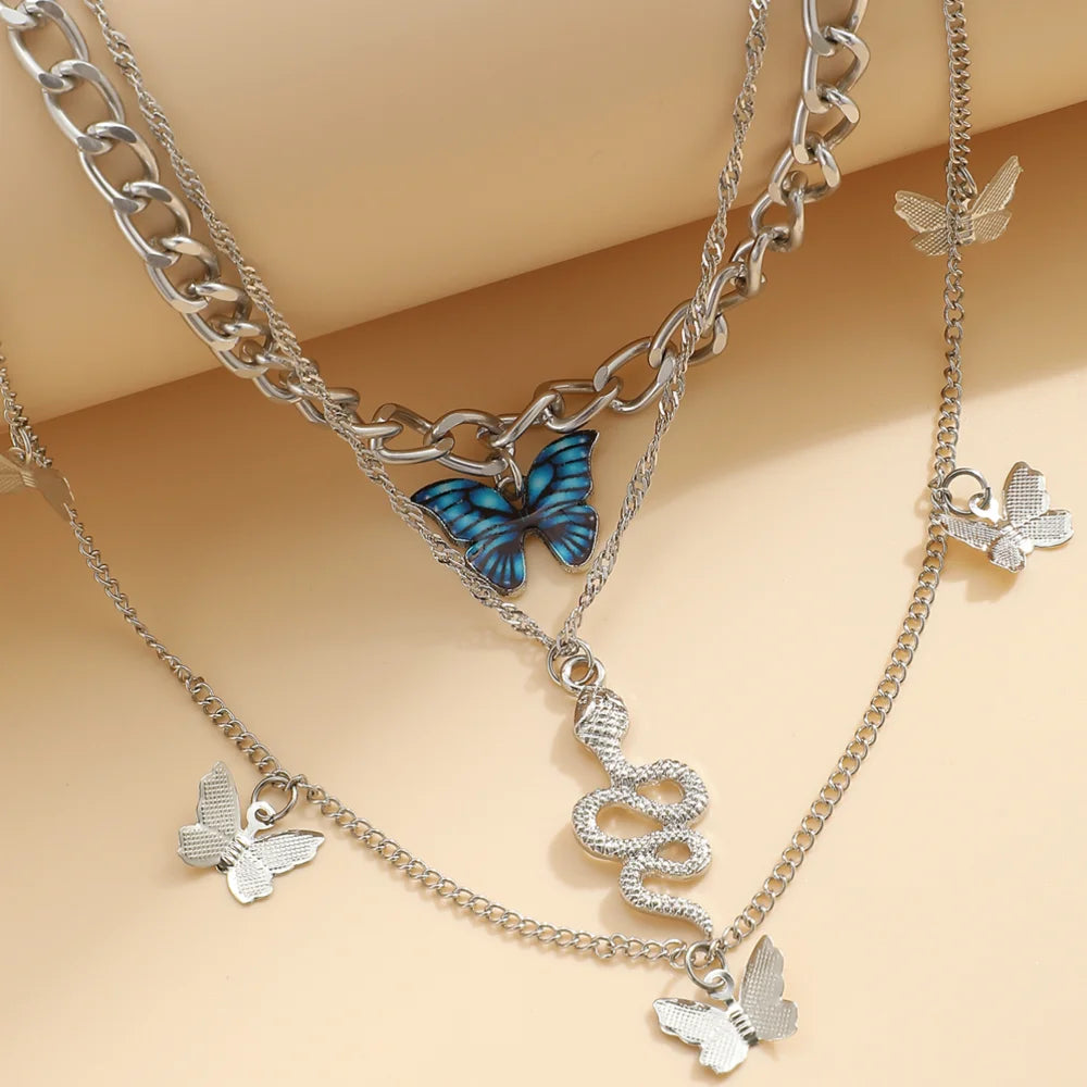 3 Layers Chain Necklace with butterfly Pendant